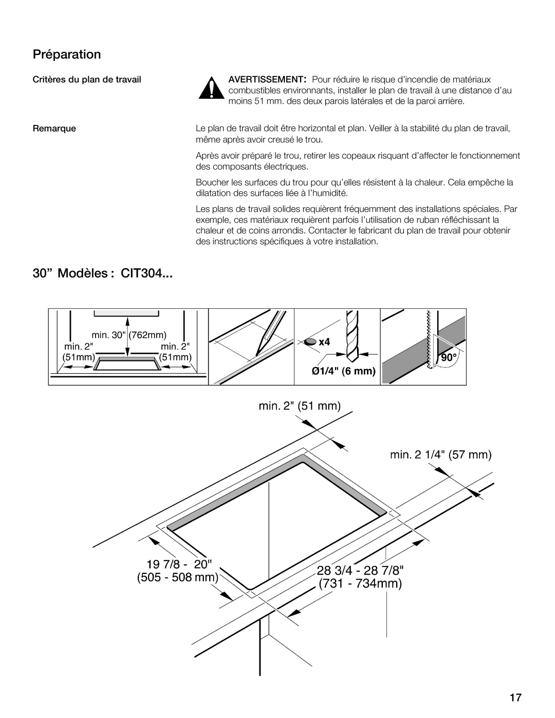 Thermador CIS365 installation instructions Préparation, 30 Modèles CIT304 