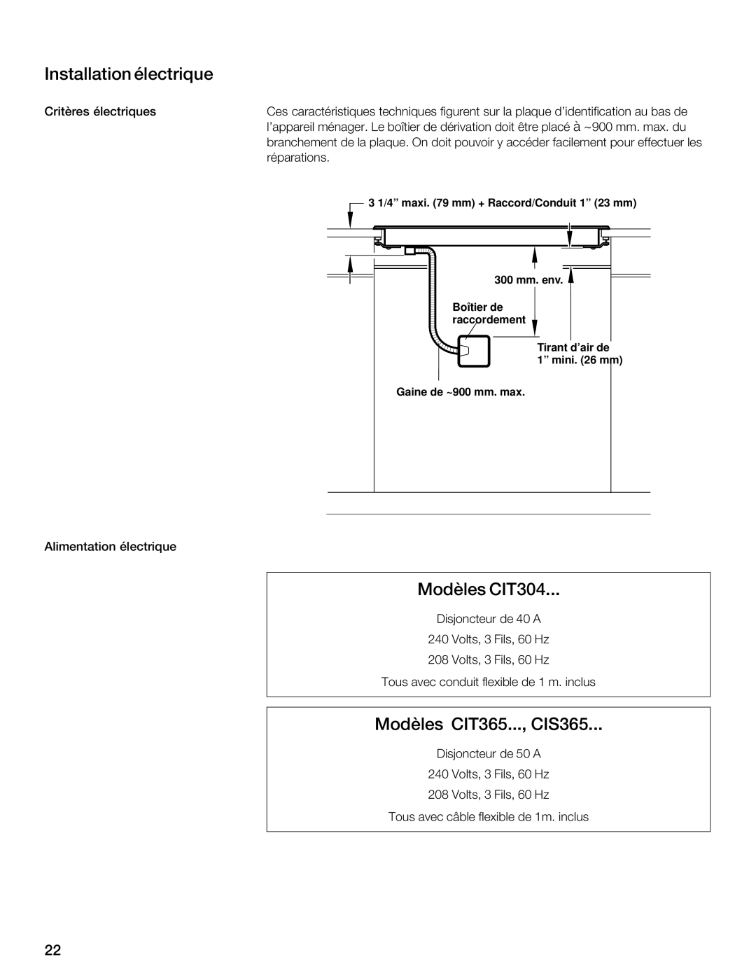 Thermador installation instructions Installation électrique, Modèles CIT304, Modèles CIT365 CIS365 