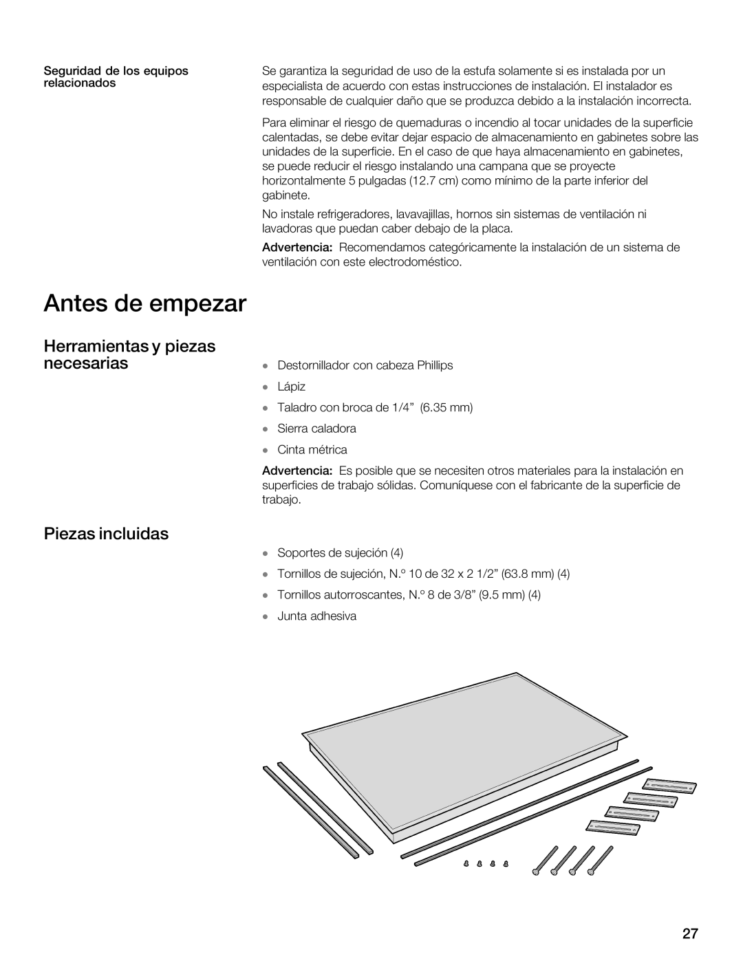 Thermador CIS365 installation instructions Antes de empezar, Herramientas y piezas necesarias, Piezas incluidas 