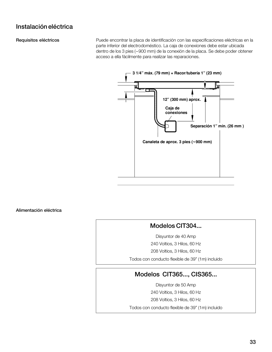 Thermador installation instructions Instalación eléctrica, Modelos CIT365..., CIS365 