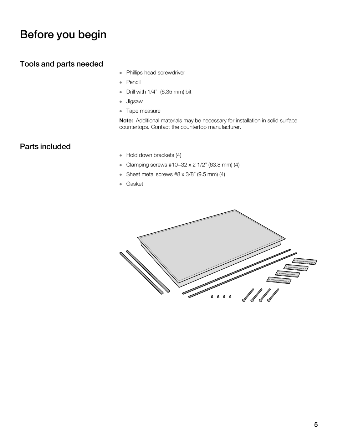 Thermador CIS365 installation instructions Before you begin, Tools and parts needed, Parts included 