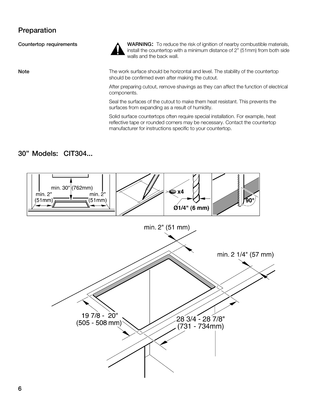 Thermador CIS365 installation instructions Preparation, Models CIT304 