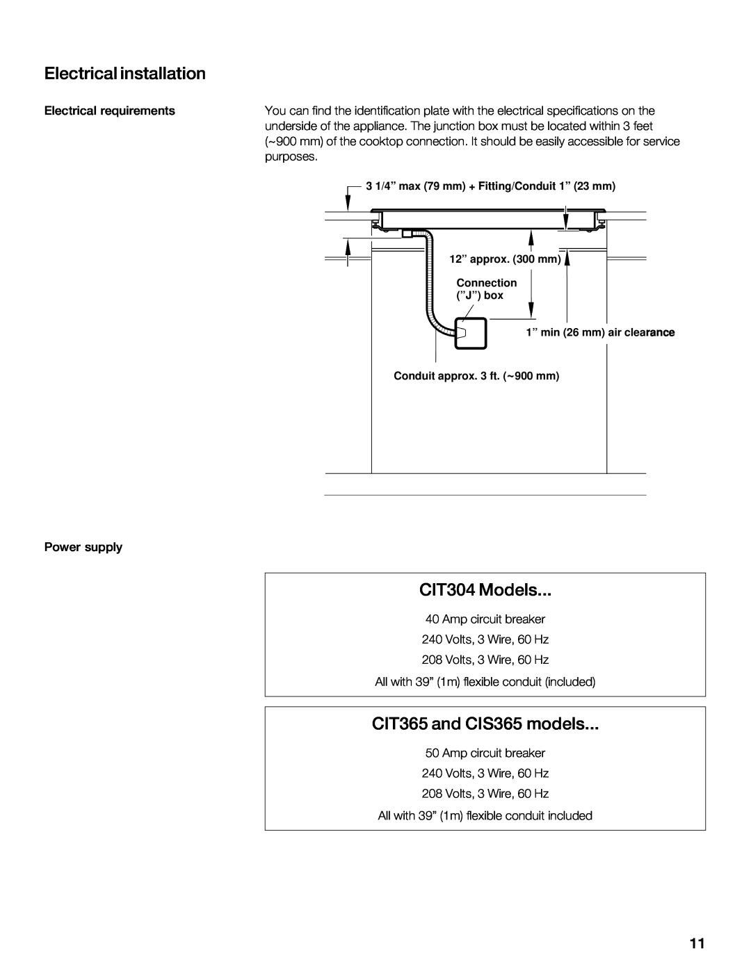 Thermador installation instructions Electrical installation, CIT304, Models, CIT365 and CIS365 models 