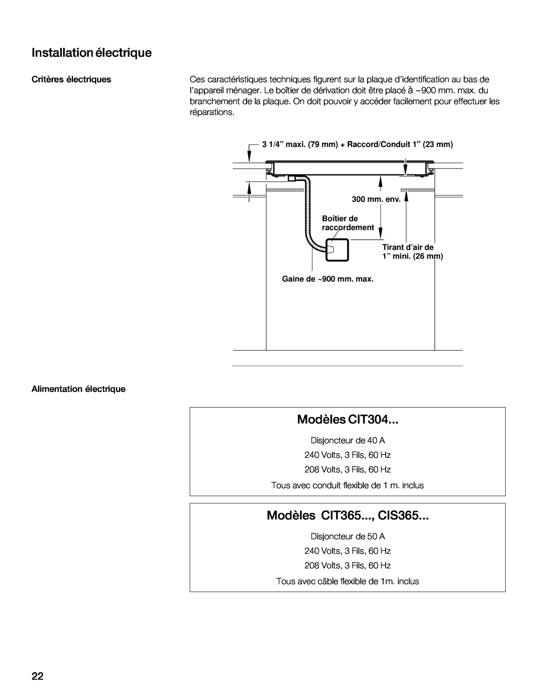 Thermador CIS365 installation instructions Installation électrique, Modèles, CIT365, CIT304 