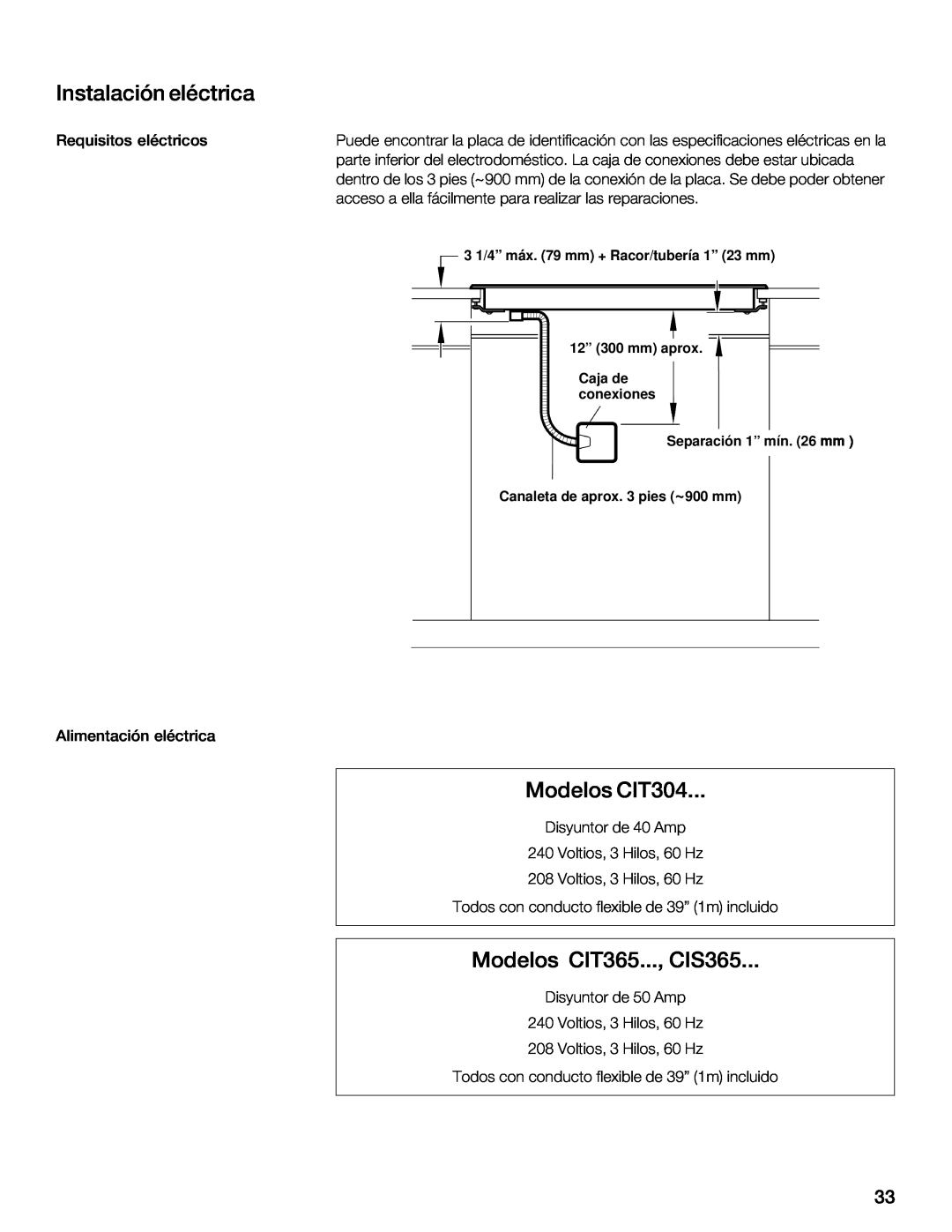 Thermador installation instructions Instalación eléctrica, Modelos CIT304, Modelos CIT365..., CIS365 