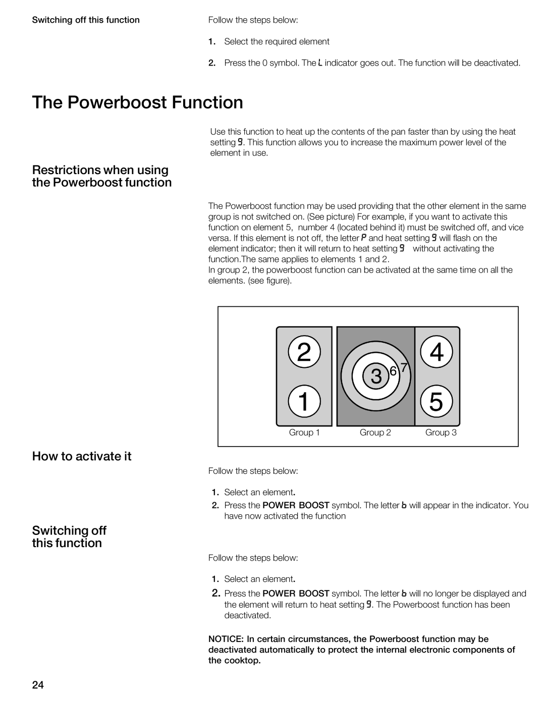 Thermador CIS365GB manual Powerboost Function, Restrictions when using the Powerboost function, How to activate it 