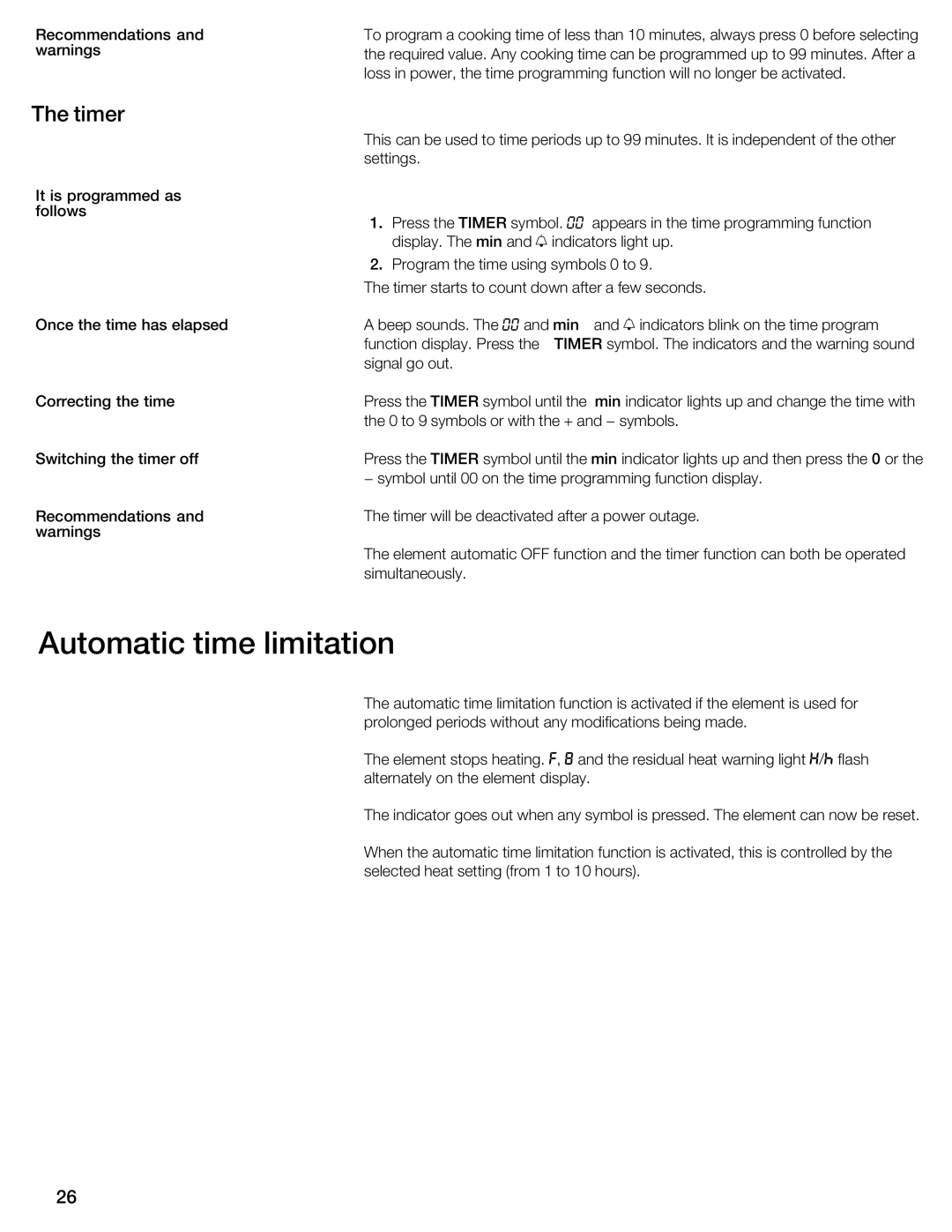 Thermador CIS365GB manual Automatic time limitation, Timer 