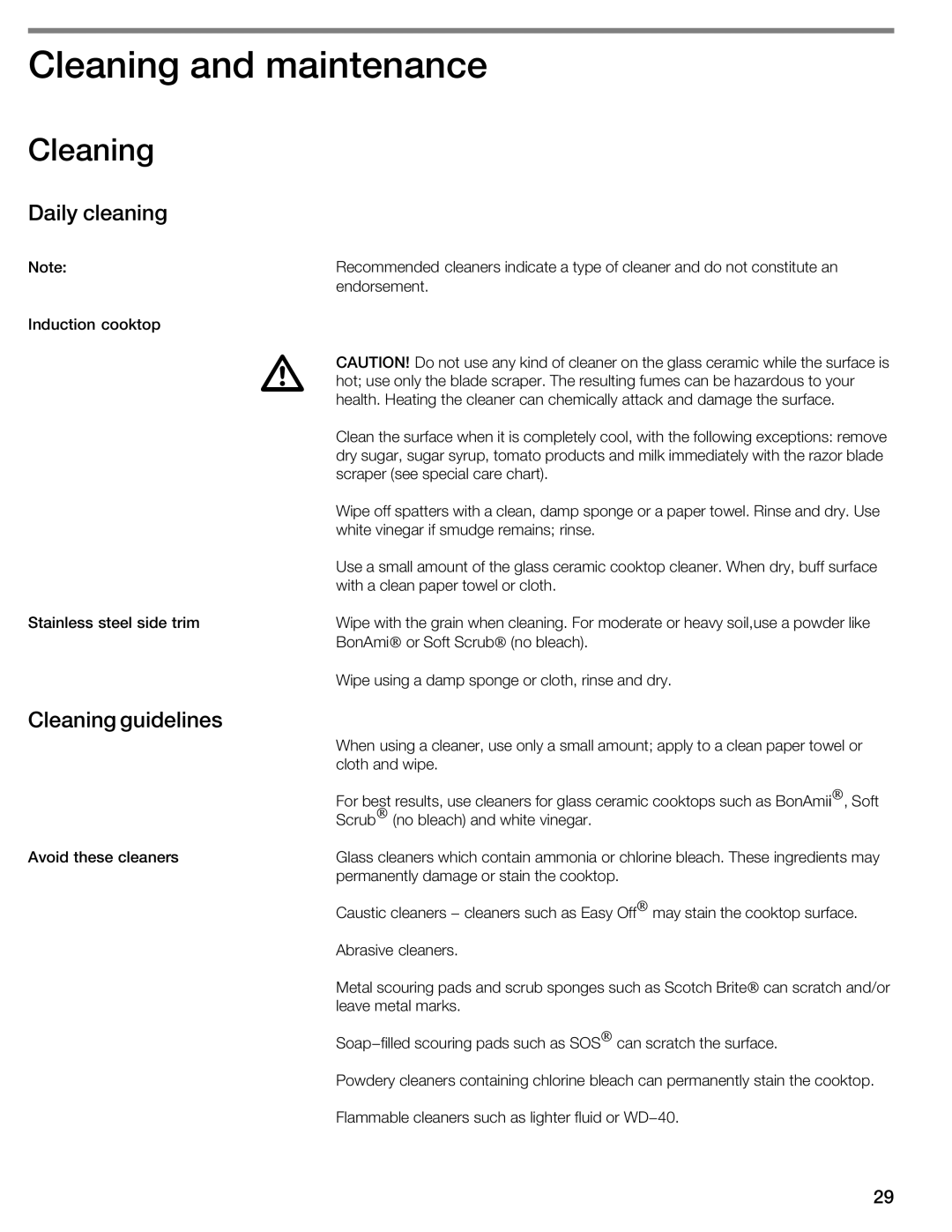 Thermador CIS365GB manual JCleaning and maintenance, Daily cleaning, Cleaning Guidelines 