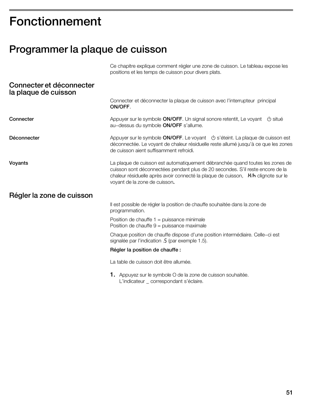 Thermador CIS365GB manual JFonctionnement, Programmer La plaque Cuisson, Connecter Déconnecter La plaque Cuisson, On/Off 