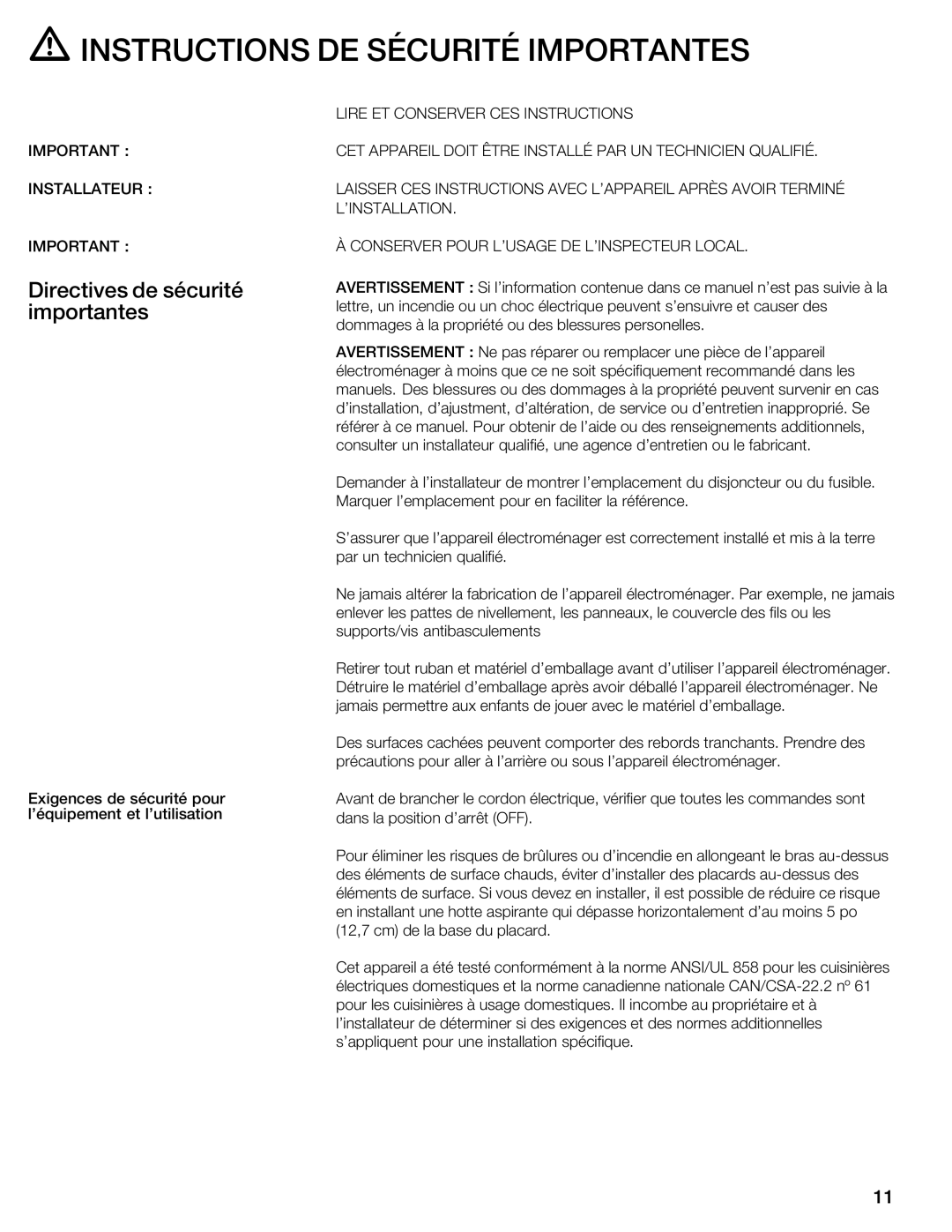 Thermador CIT30 manual Instructions DE Sécurité Importantes, Directives de sécurité importantes 