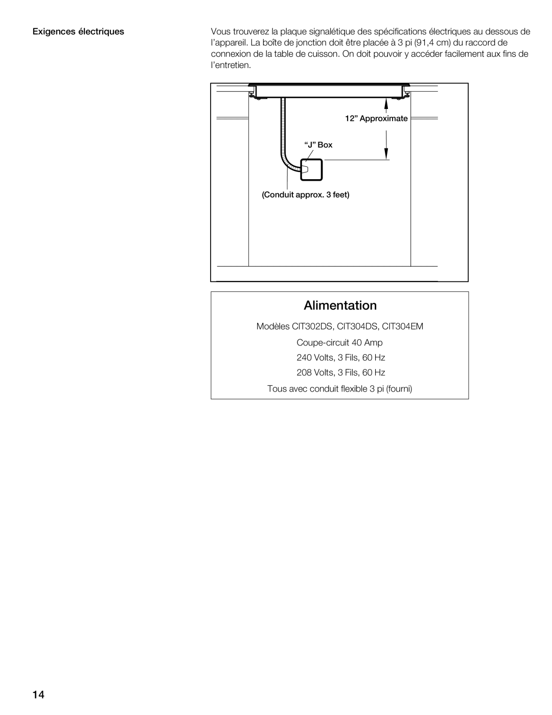 Thermador CIT30 manual Alimentation 