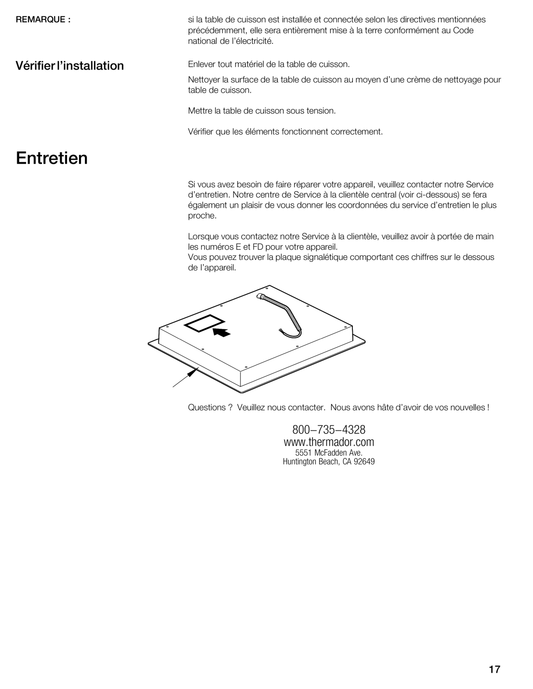 Thermador CIT30 manual Entretien, Vérifier linstallation 