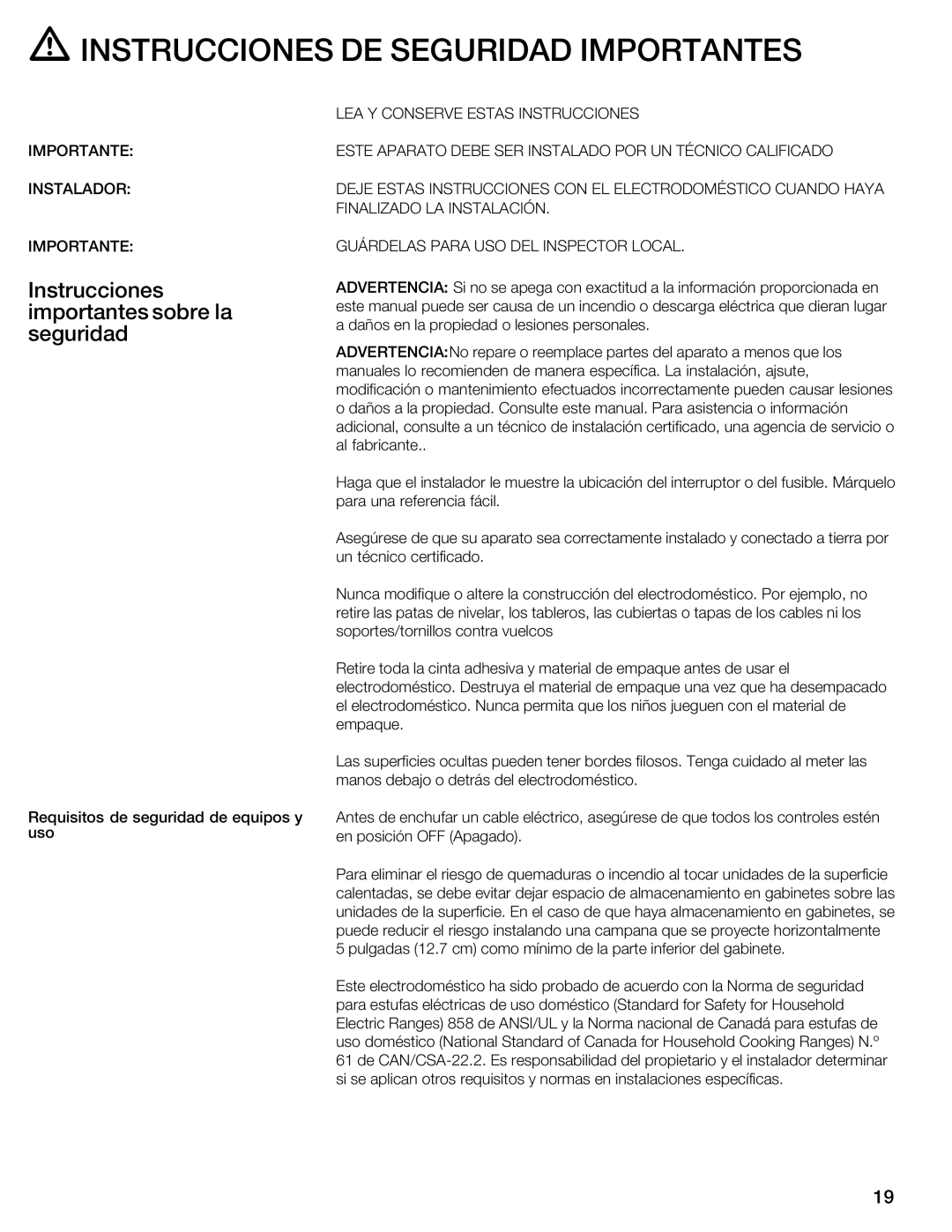 Thermador CIT30 manual Instrucciones DE Seguridad Importantes, Instrucciones importantes sobre la seguridad 