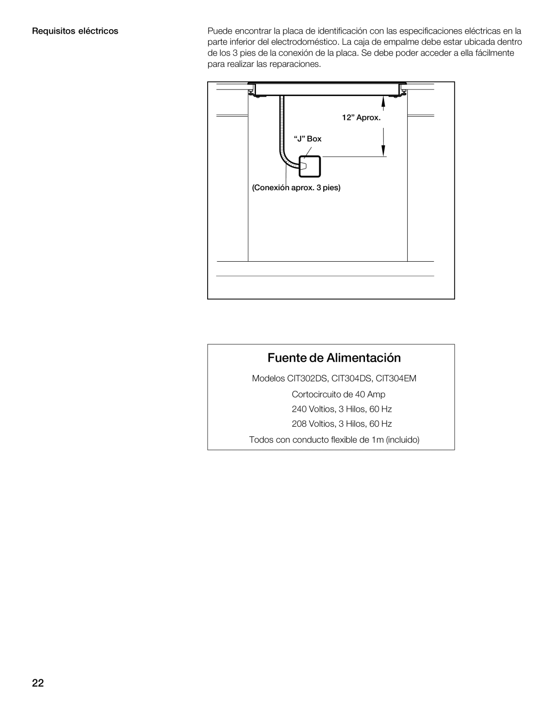 Thermador CIT30 manual Fuente de Alimentación 