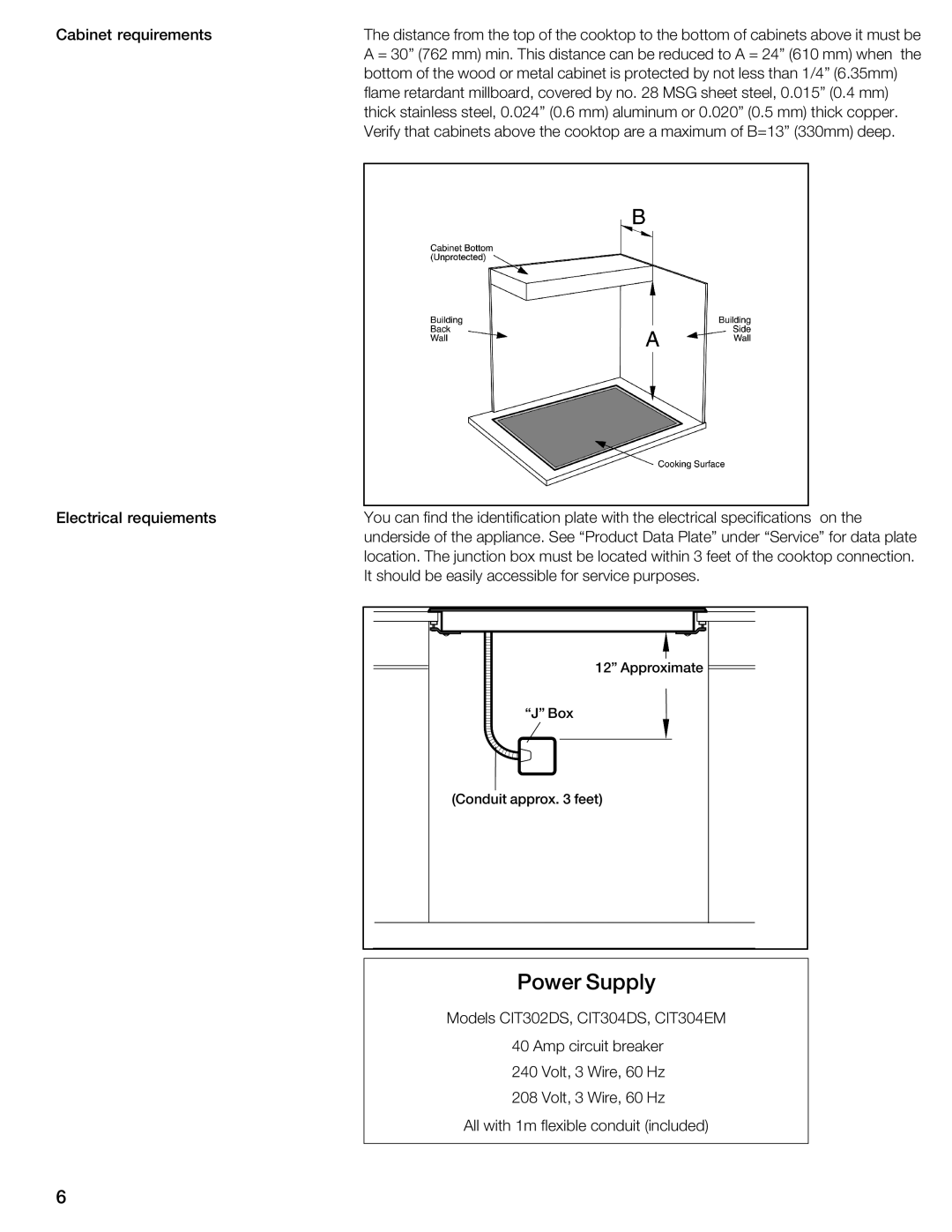 Thermador CIT30 manual Power Supply 