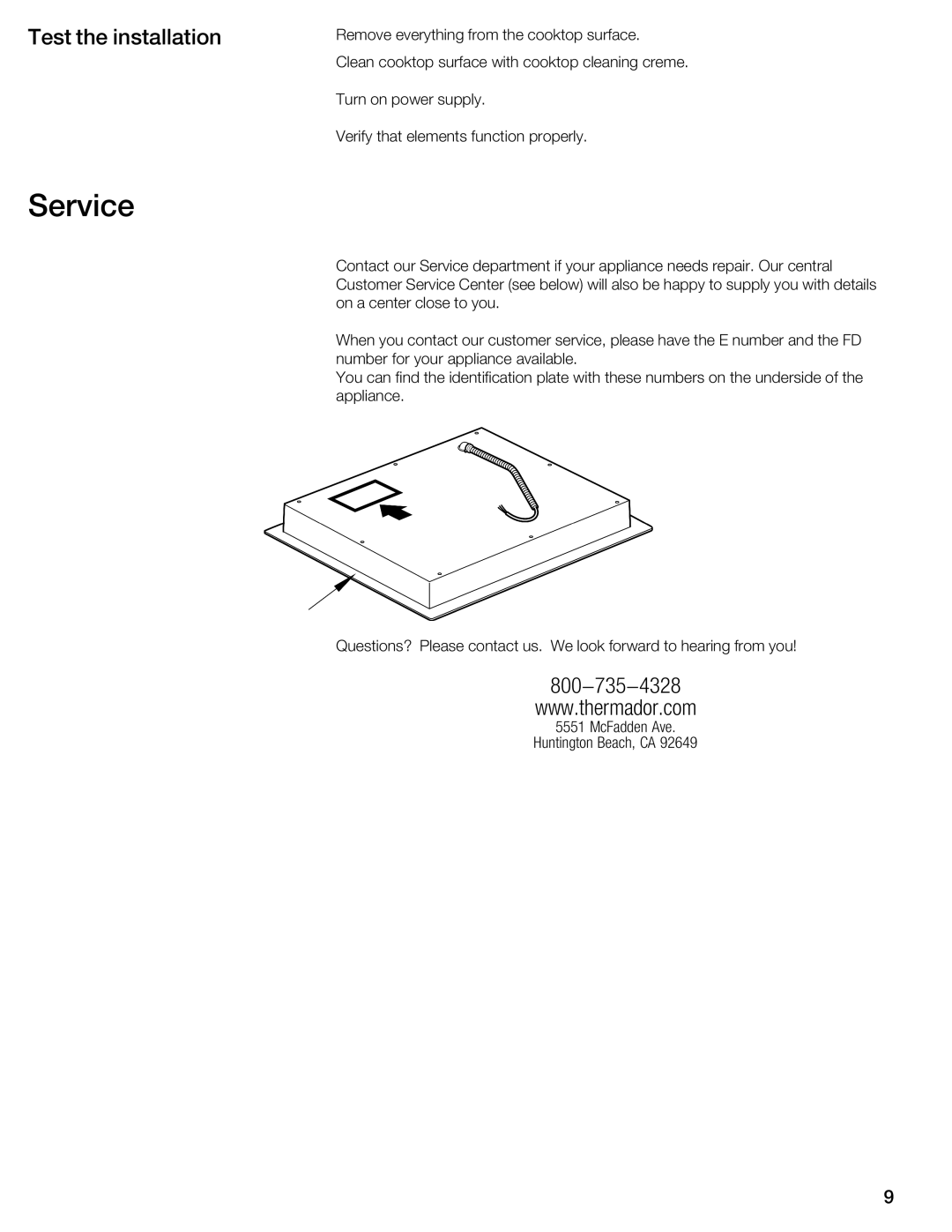 Thermador CIT30 manual Service, Test the installation 