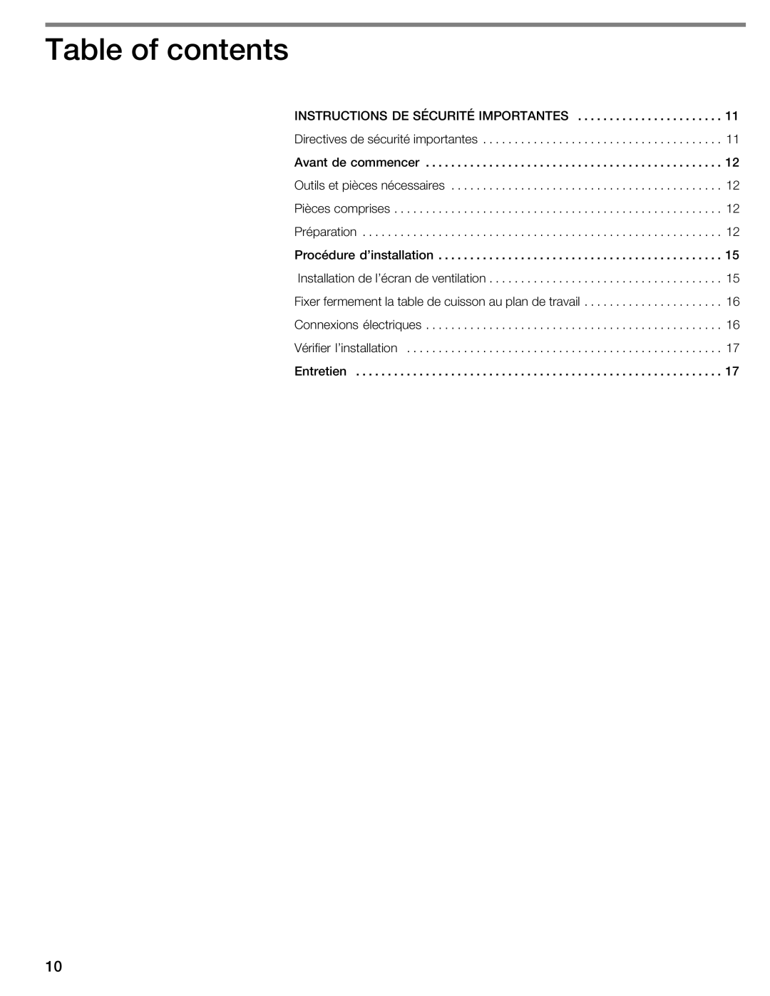 Thermador CIT30 manual Table of contents 