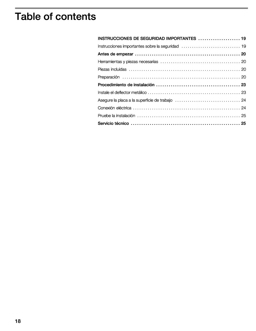 Thermador CIT30 manual Table of contents, Piezas incluidas 
