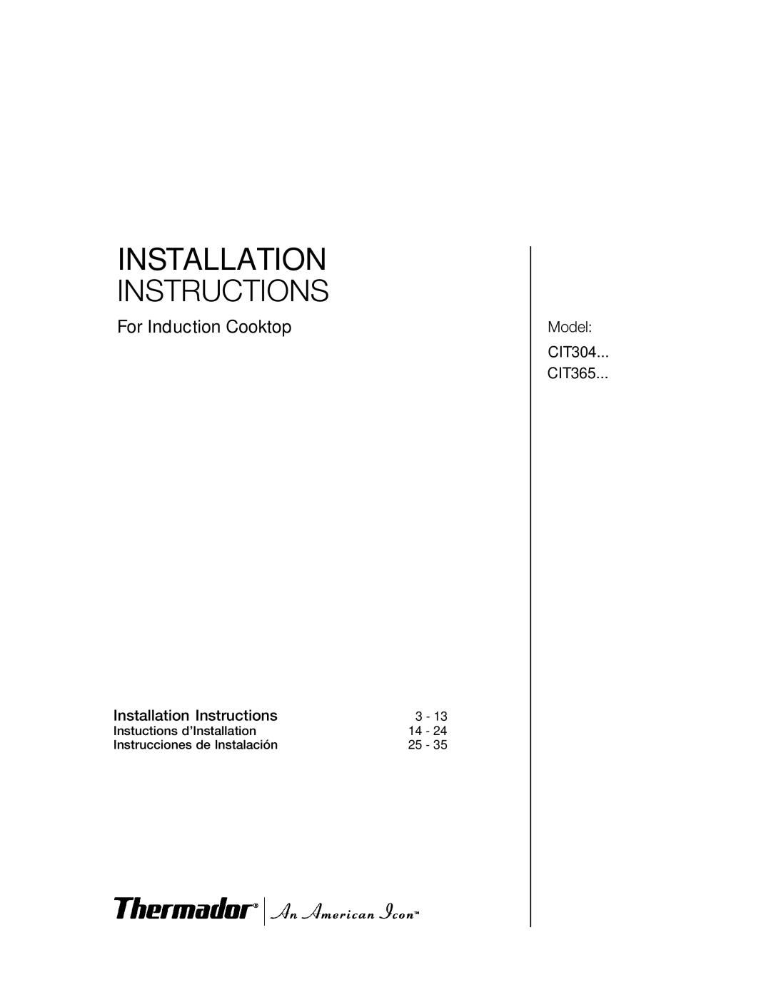 Thermador CIT365, CIT304 manual Installation, For Induction Cooktop 