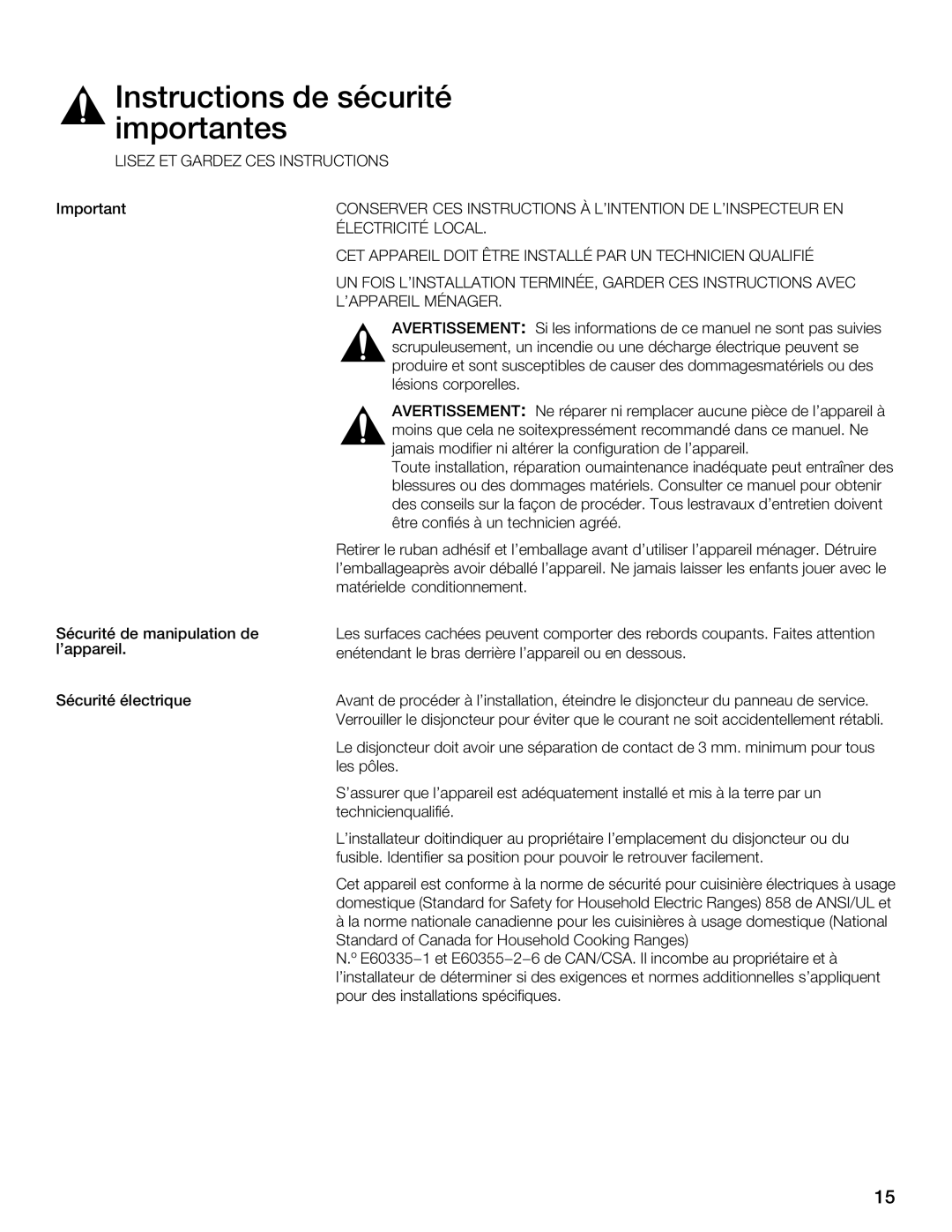 Thermador CIT304, CIT365 manual Instructionsimportantes de sécurité 