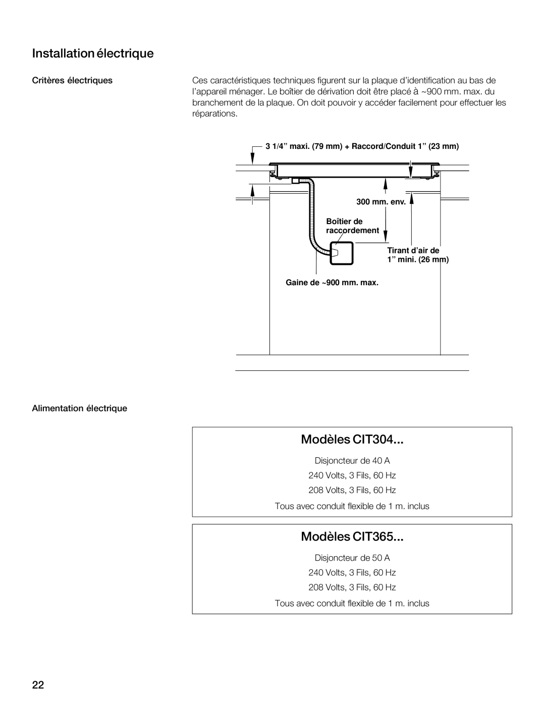 Thermador manual Installation électrique, Modèles CIT304, Modèles CIT365 