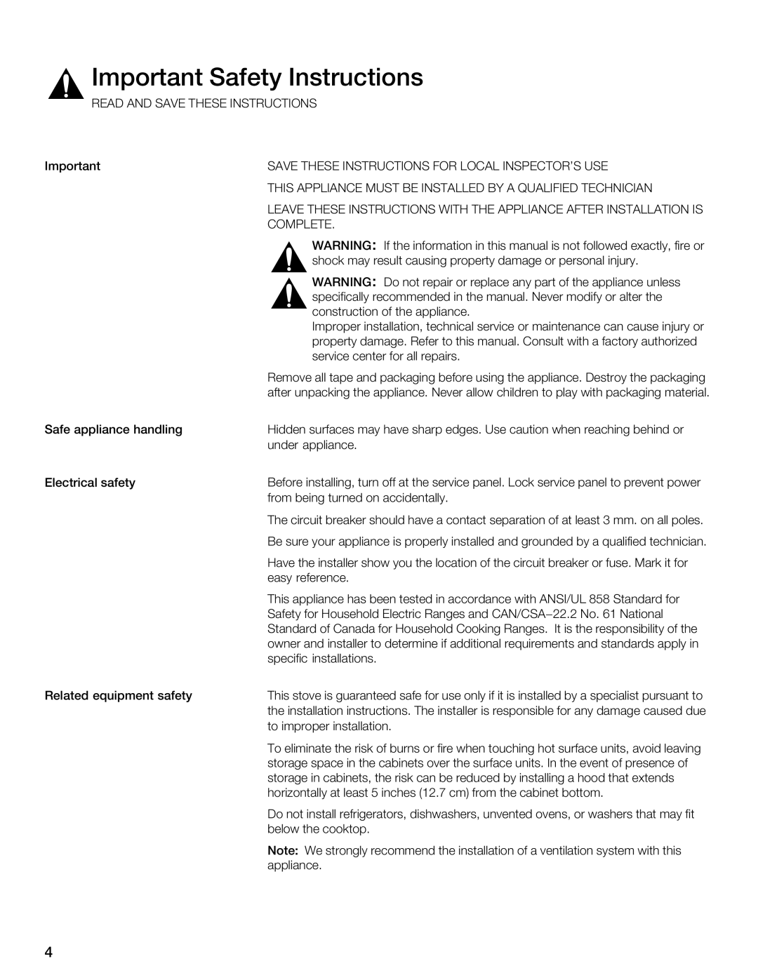 Thermador CIT365, CIT304 manual Important Safety Instructions 