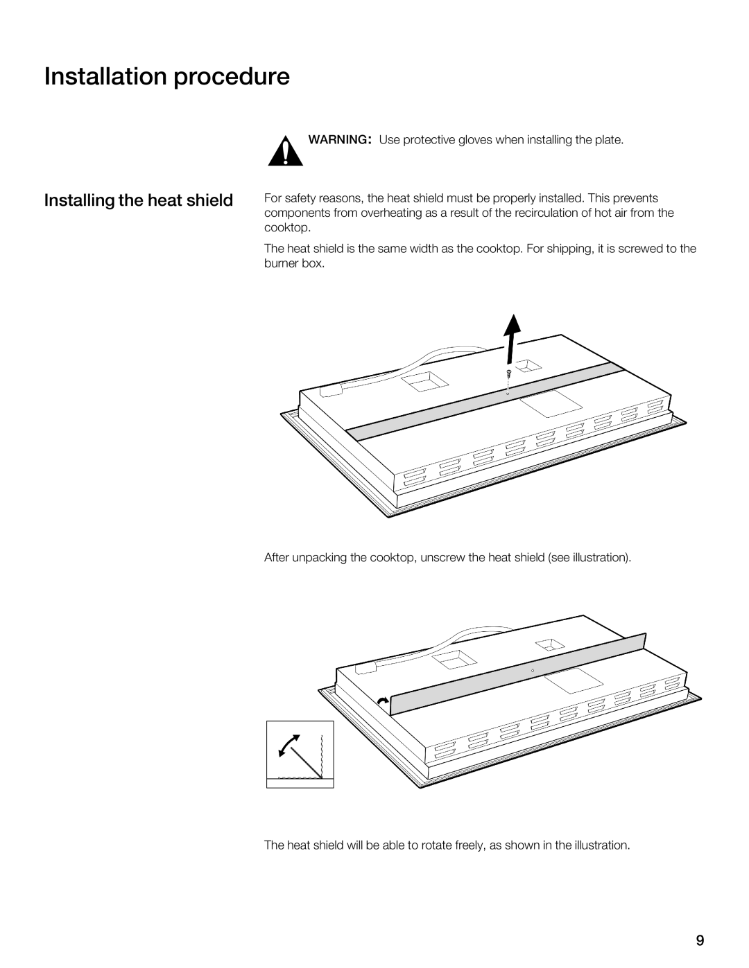 Thermador CIT304, CIT365 manual Installation procedure, Installing the heat shield For safety 