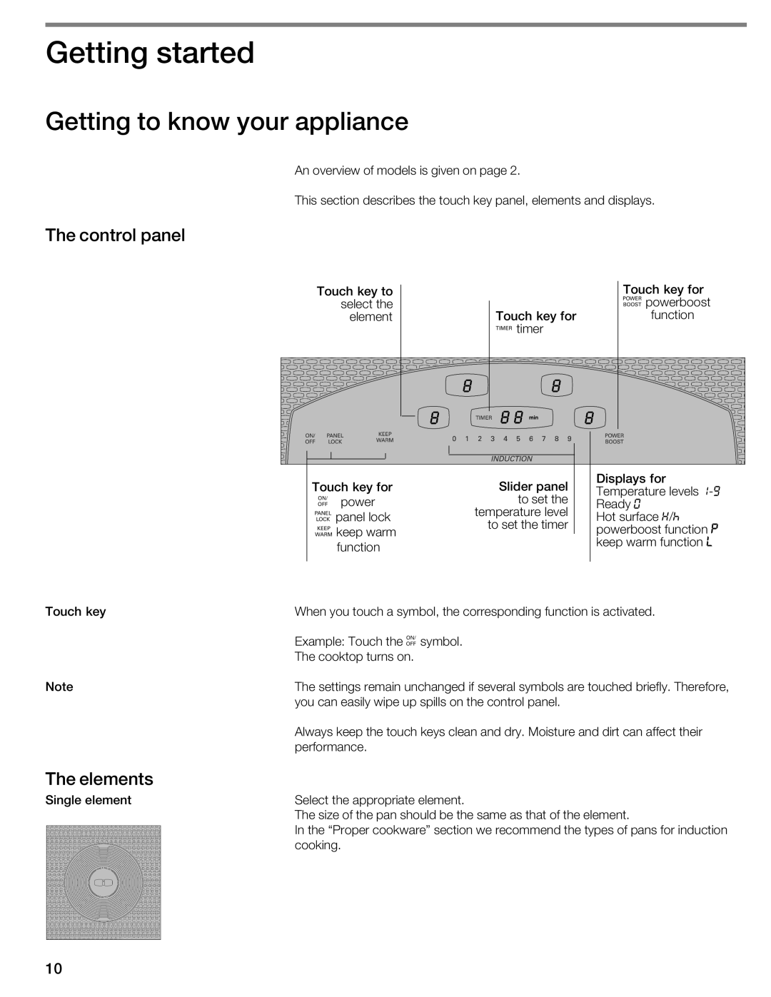 Thermador CIT304E manual Getting started, Getting to know your appliance, Control panel, Elements 