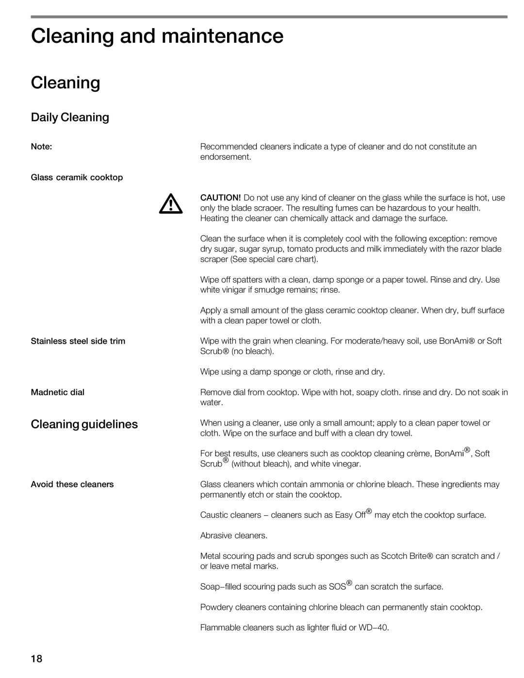 Thermador CIT304E manual Cleaning and maintenance, Daily Cleaning, Cleaning Guidelines 