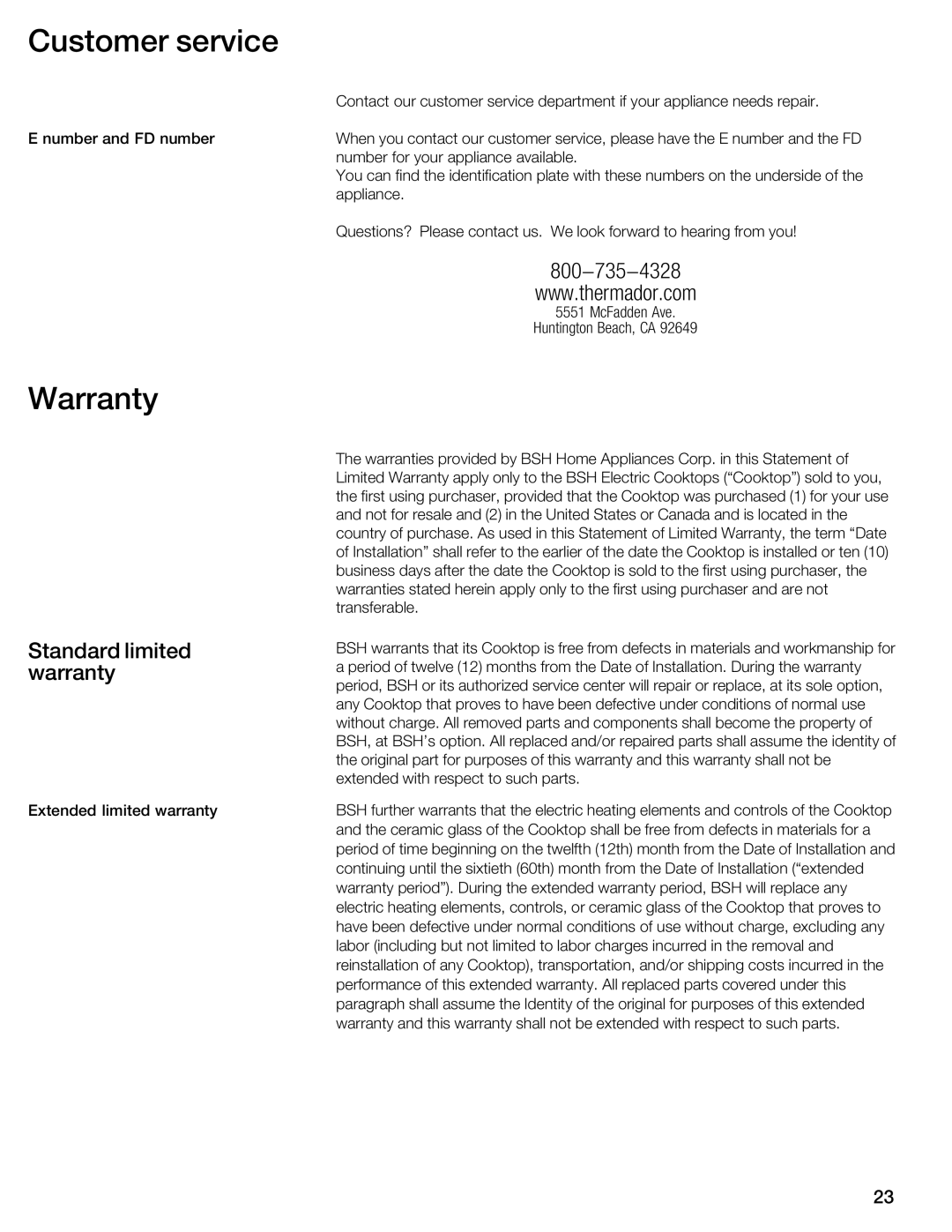 Thermador CIT304E manual Customer Service, Warranty, Standard limited warranty 