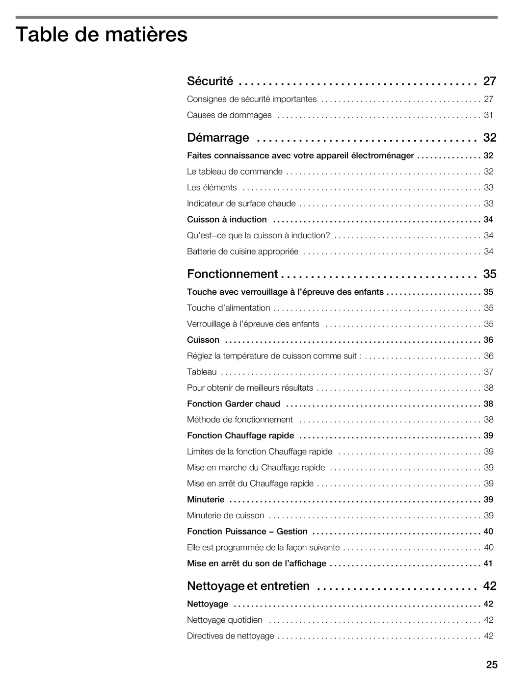 Thermador CIT304E manual Table de matières, Sécurité, Démarrage, Fonctionnement, Nettoyage et entretien 