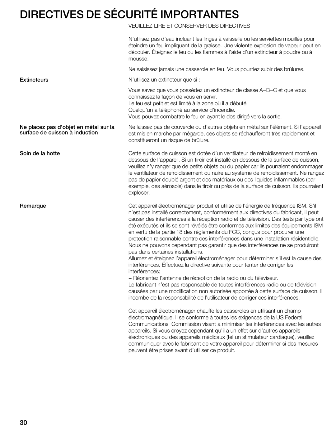 Thermador CIT304E manual Sécurité Importantes 