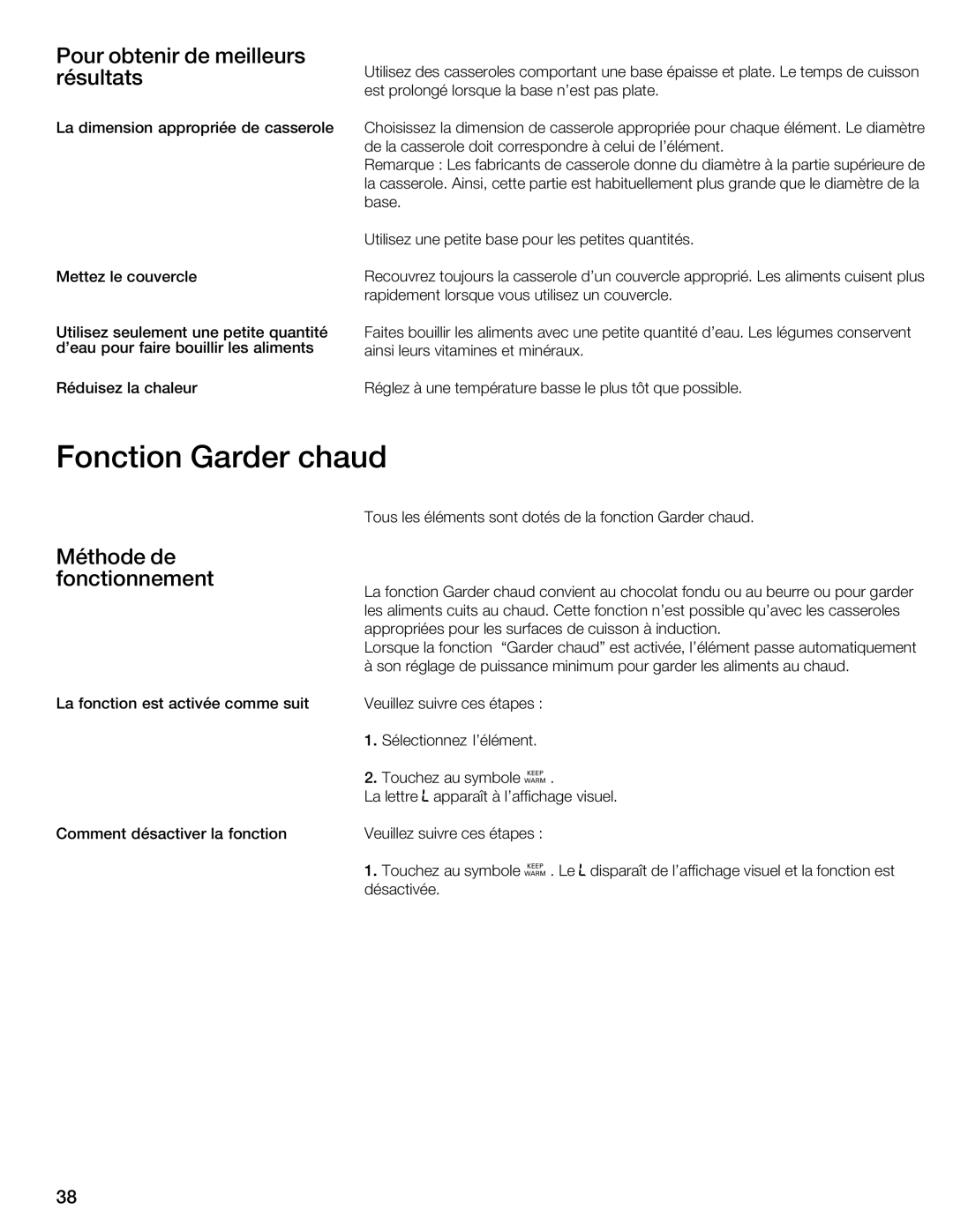 Thermador CIT304E manual Fonction Garder Chaud, Pour obtenir de meilleurs résultats, Méthode Fonctionnement 