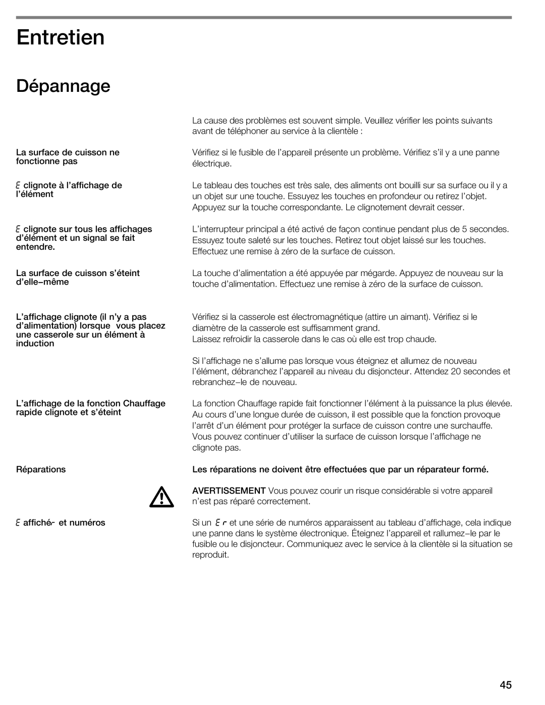 Thermador CIT304E manual Entretien, Dépannage 