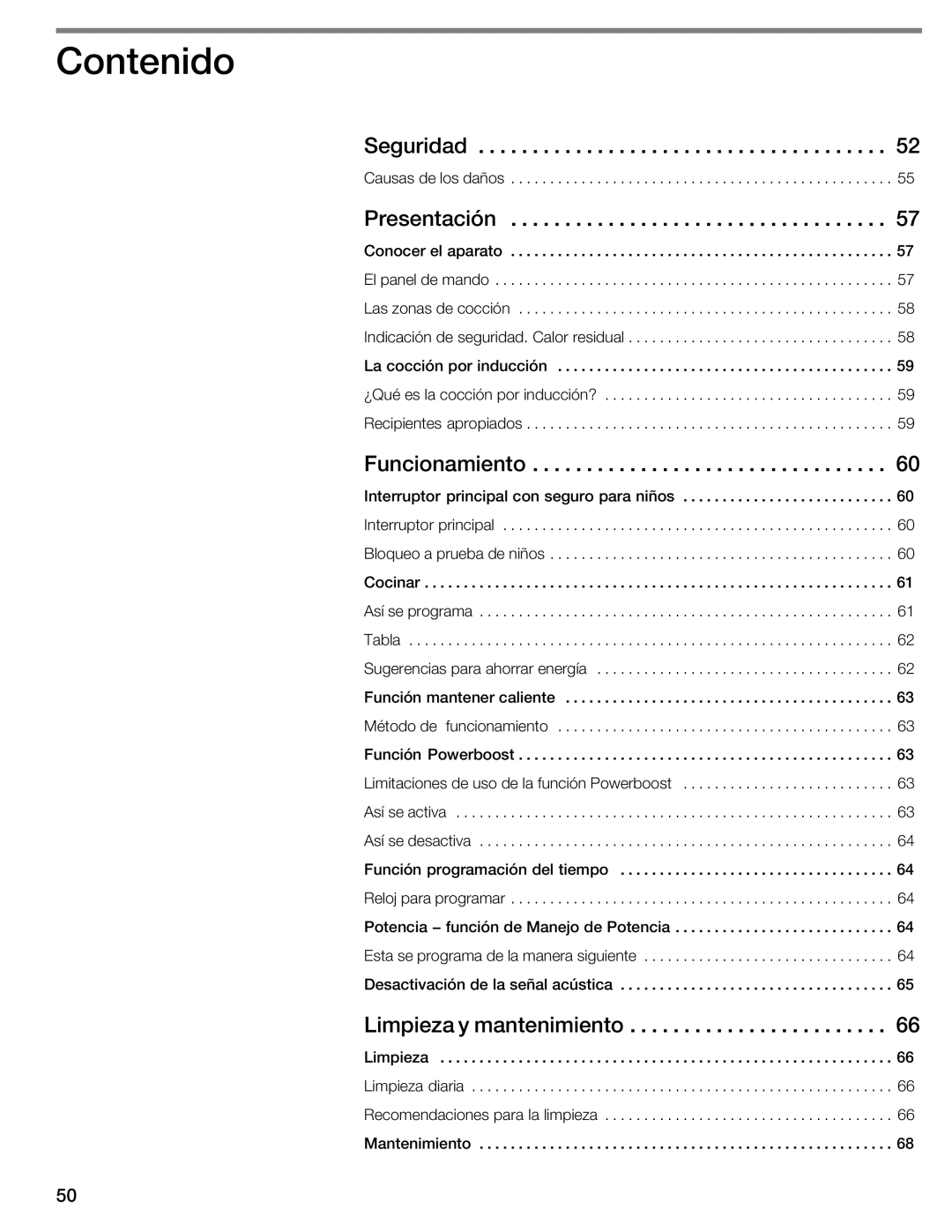 Thermador CIT304E manual Contenido, Seguridad, Presentación, Funcionamiento, Limpieza y mantenimiento 