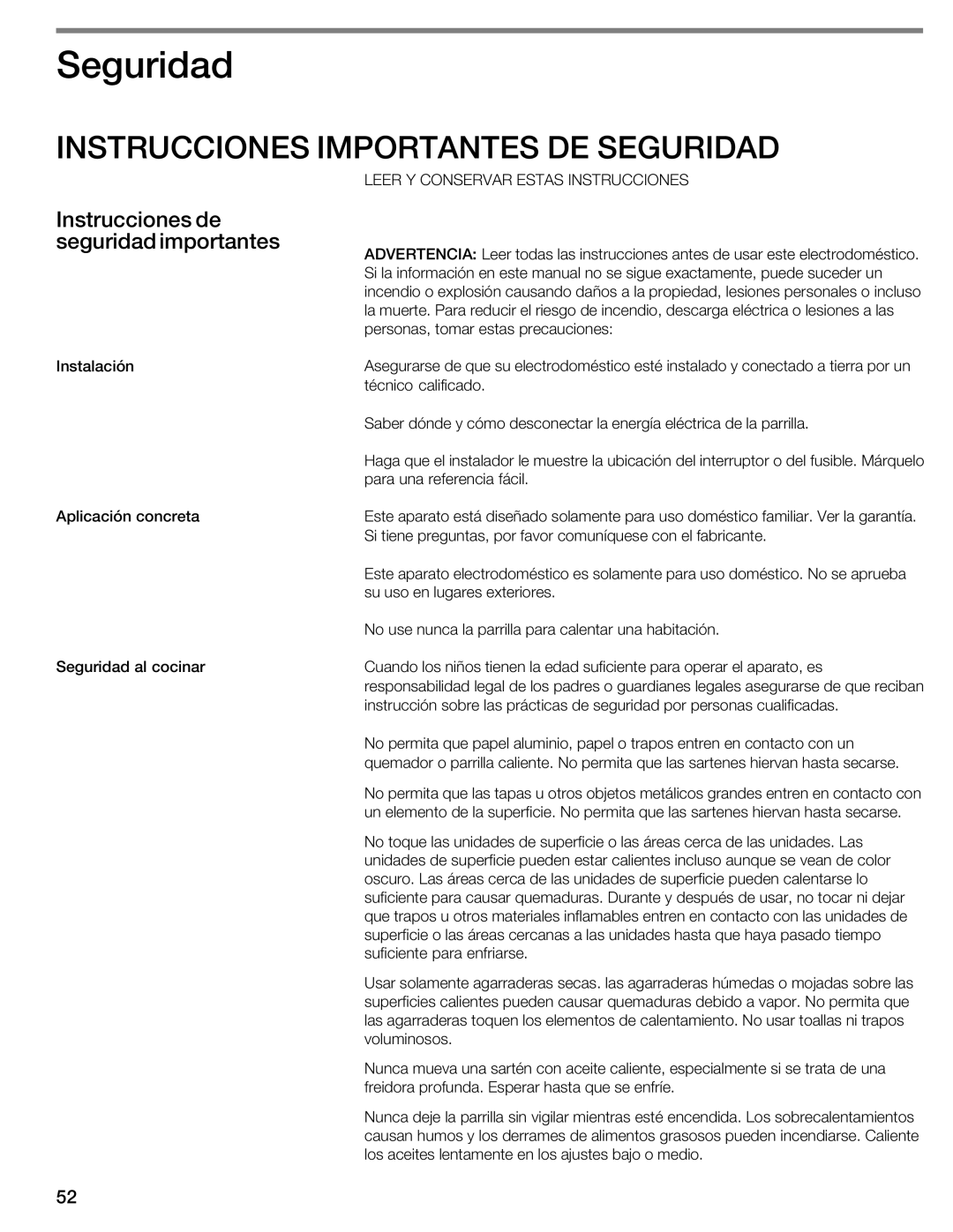 Thermador CIT304E manual Seguridad, Instrucciones de seguridad importantes 