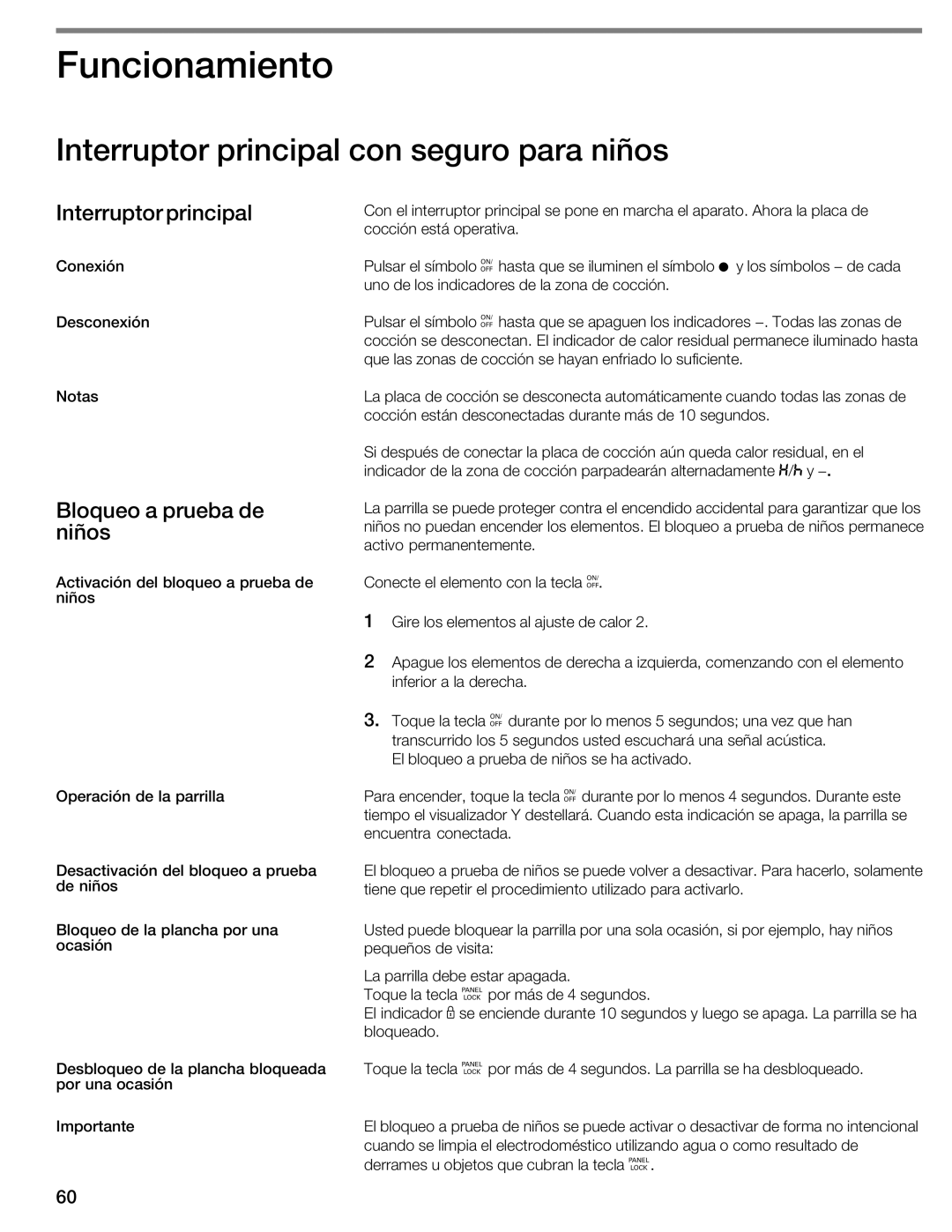 Thermador CIT304E manual Funcionamiento, Interruptor principal con seguro para niños, Bloqueo a prueba de niños 