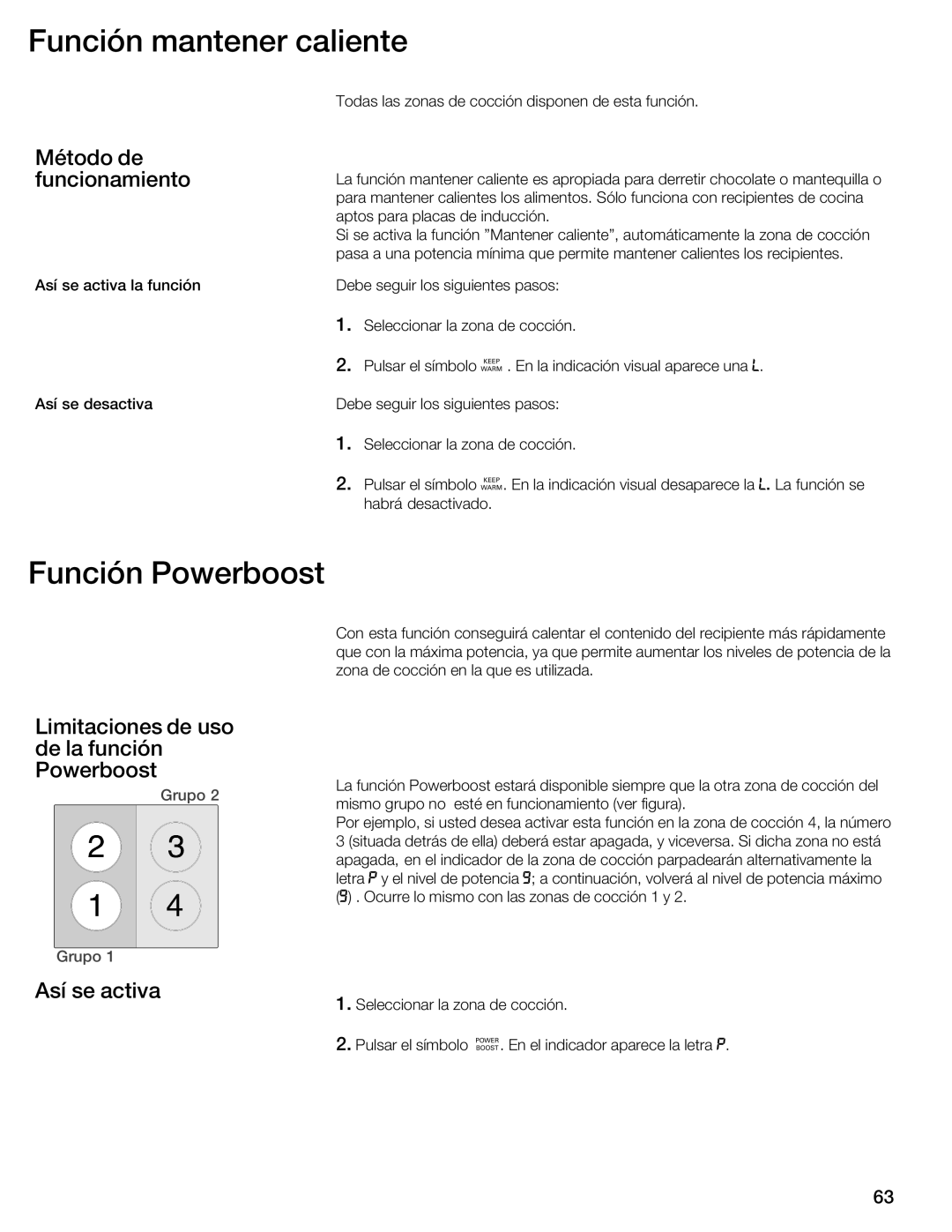 Thermador CIT304E manual Función mantener caliente, Función Powerboost, Método de funcionamiento, Así se activa 