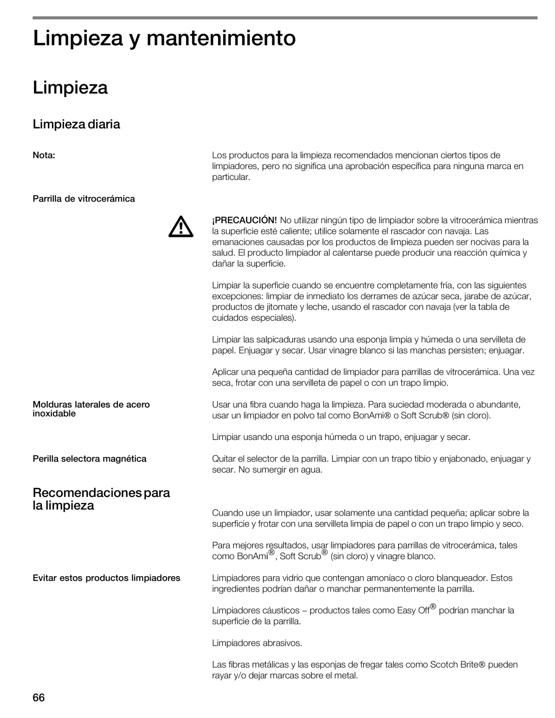 Thermador CIT304E manual Limpieza y mantenimiento, Limpieza diaria, Recomendaciones para la limpieza 