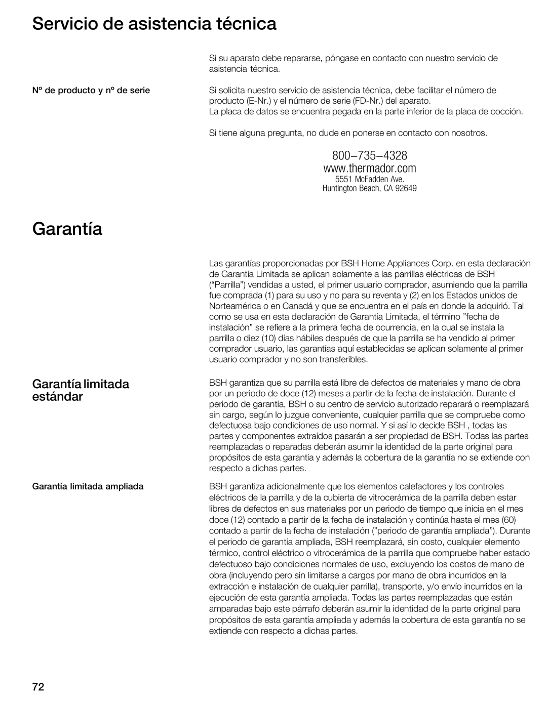 Thermador CIT304E manual Servicio de asistencia técnica, Garantía limitada estándar 