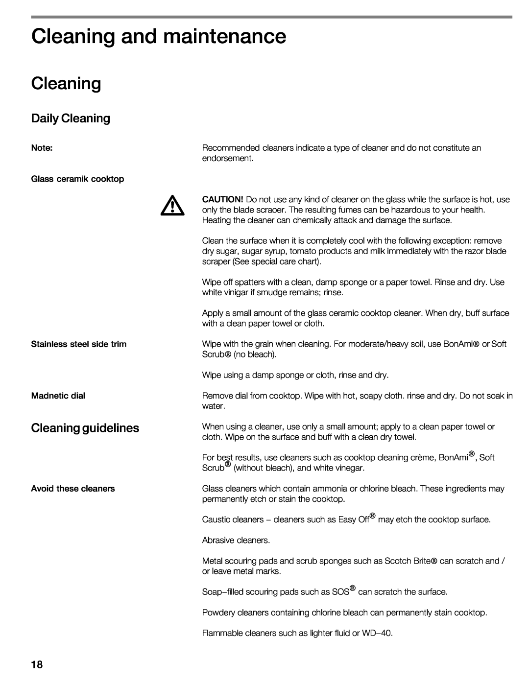 Thermador CIT304E manual Cleaning and maintenance, Daily Cleaning, guidelines 