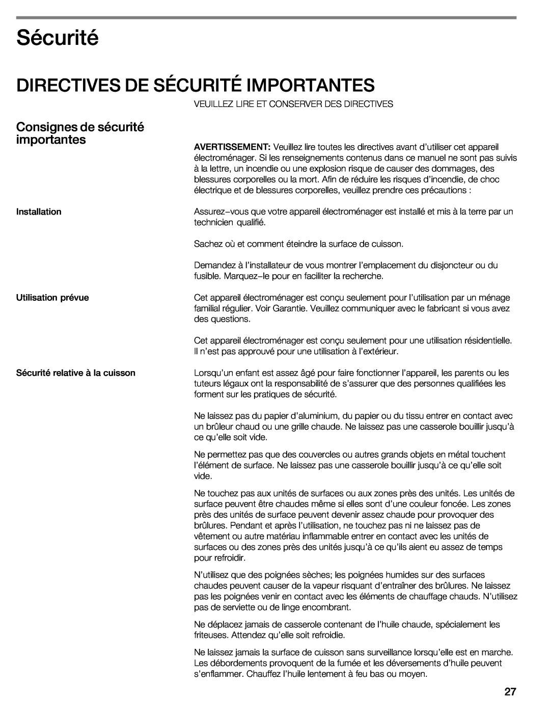 Thermador CIT304E manual Directives De Sécurité Importantes, Consignes de sécurité importantes 