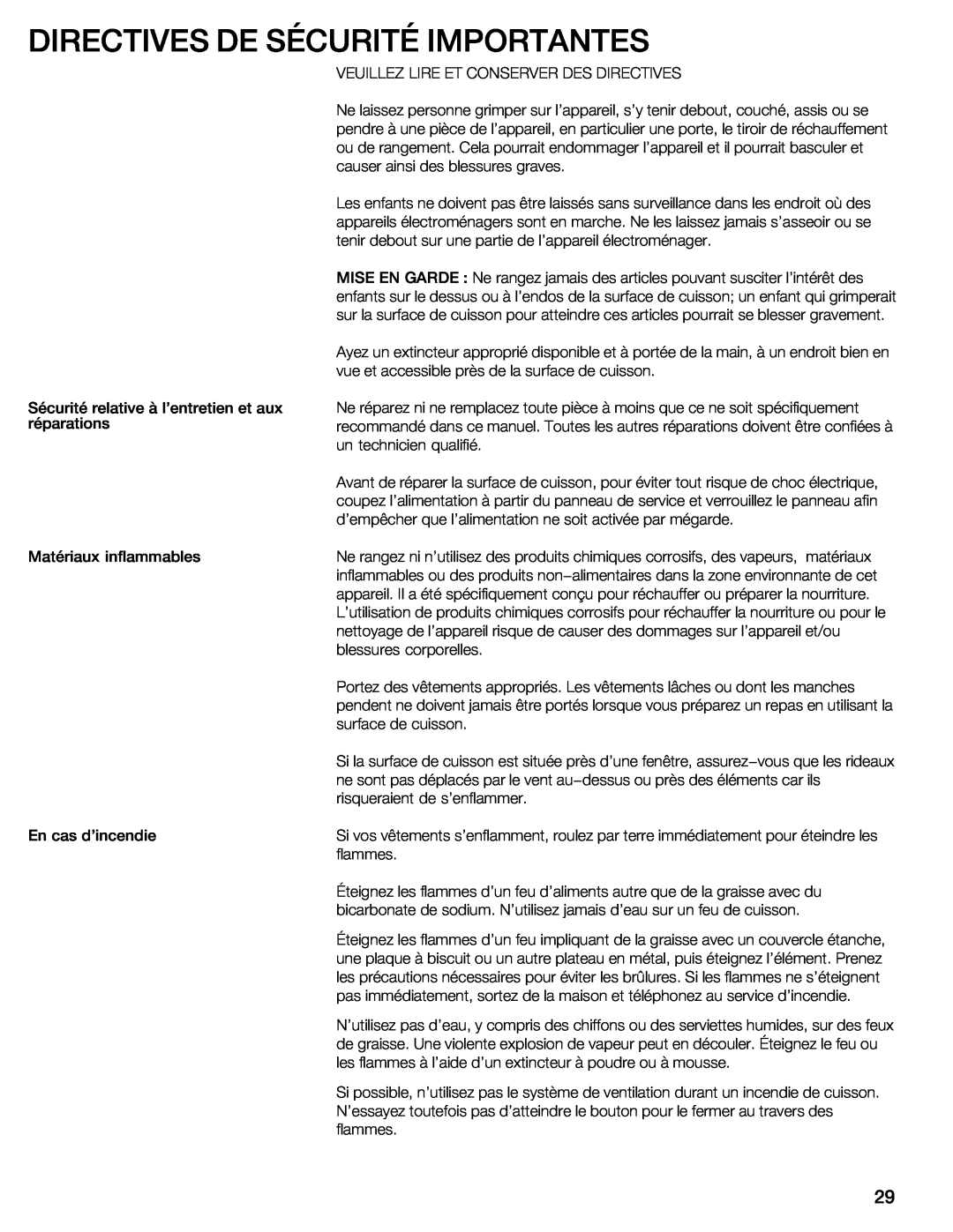 Thermador CIT304E manual Directives De, Sécurité, Importantes 