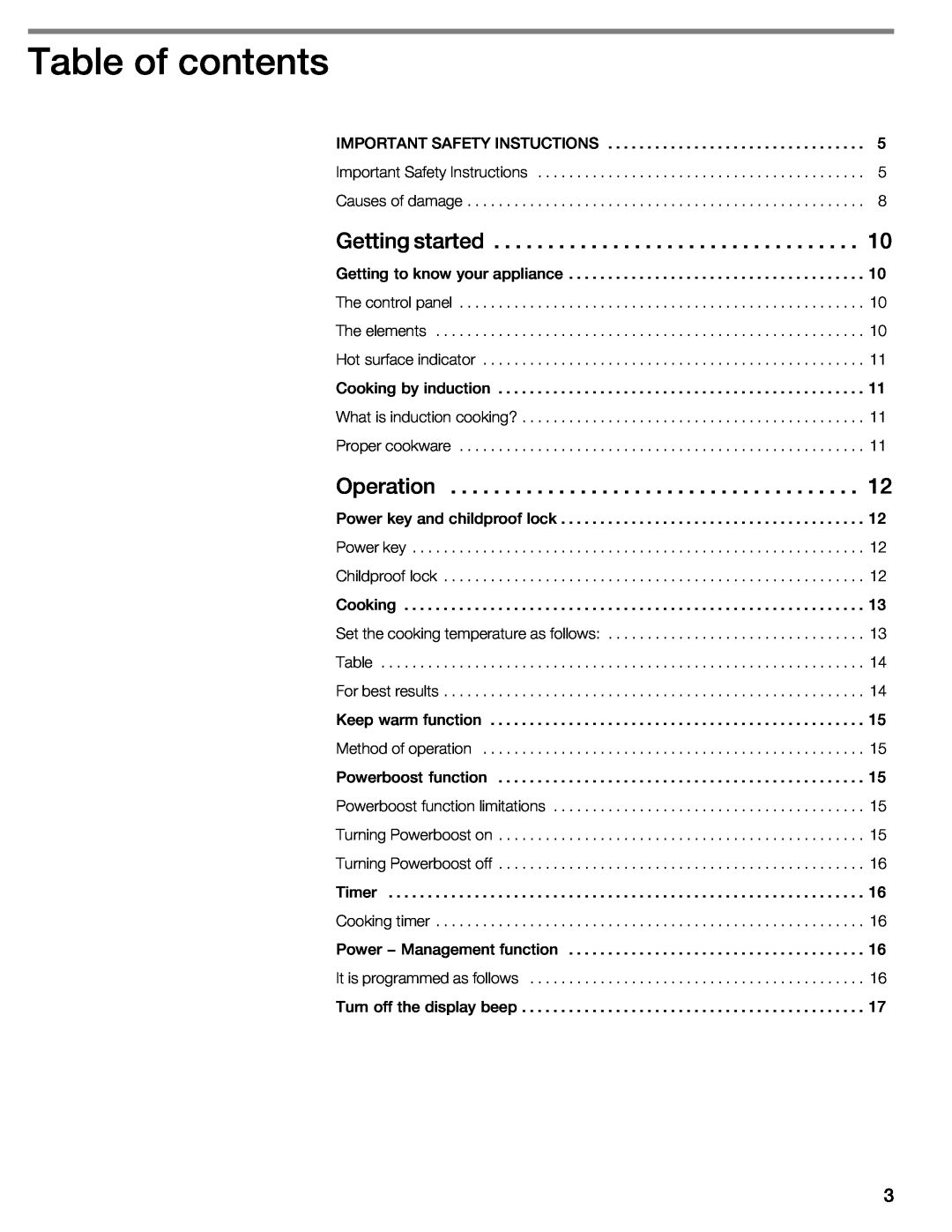 Thermador CIT304E manual Table of contents, Getting started, Operation 