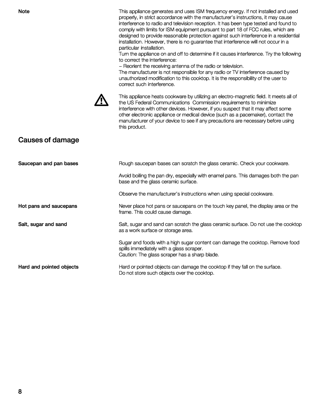 Thermador CIT304E manual Causes of damage 