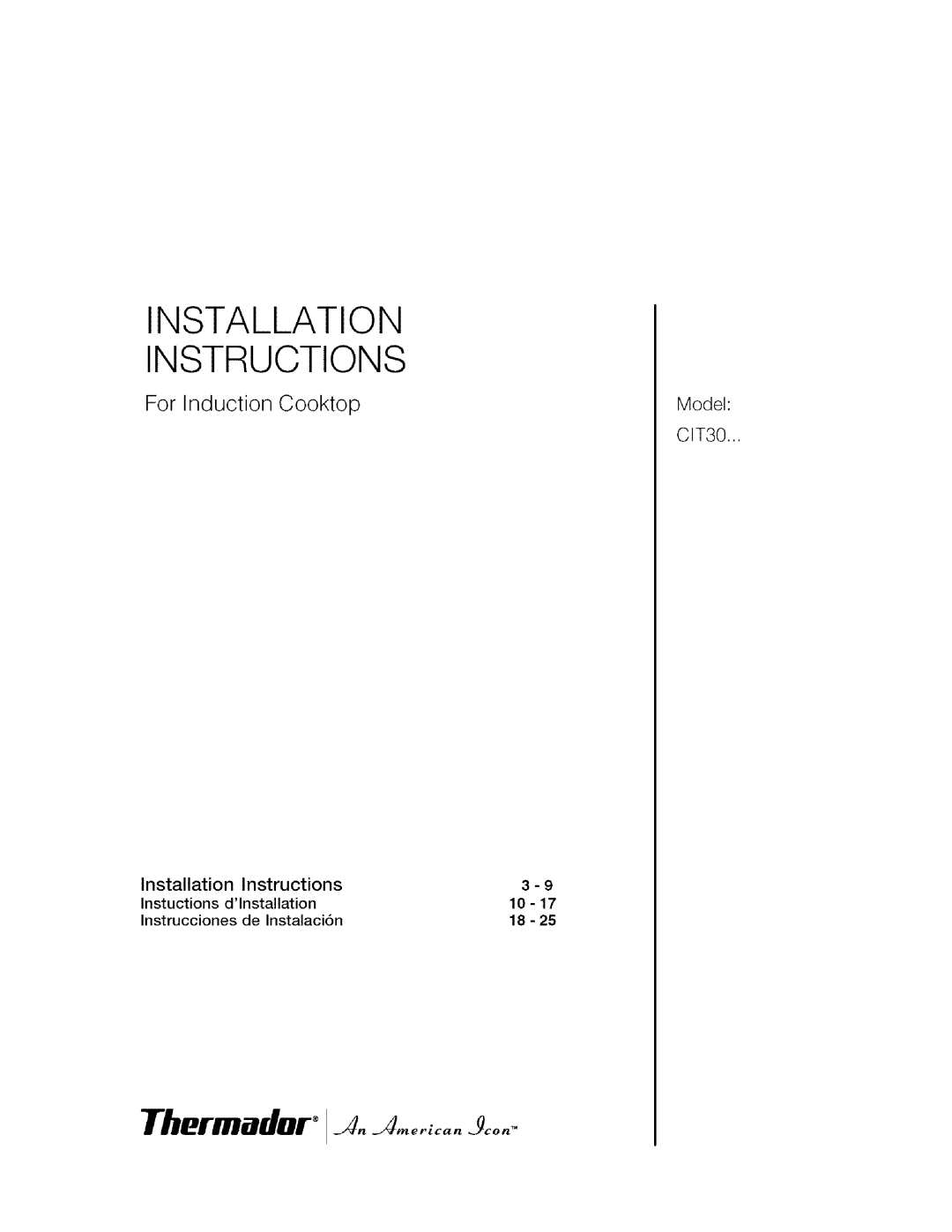 Thermador CIT304DS, CIT304EM installation instructions Installation Instructions, For Induction Cooktop 