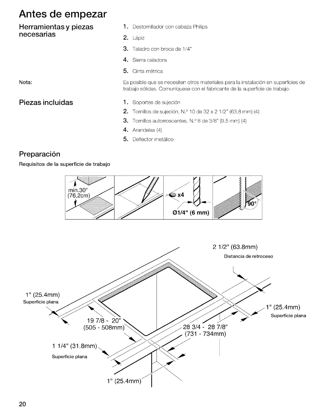 Thermador CIT304DS, CIT304EM installation instructions Herramientas y piezas necesarias, Piezas incluidas Preparacion 