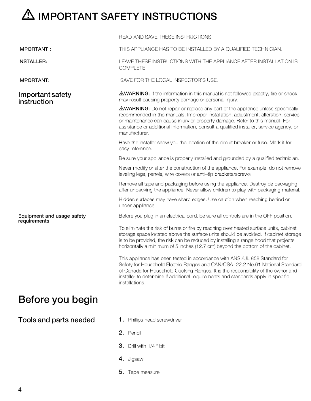 Thermador CIT304DS, CIT304EM installation instructions Safety, Instruction, Tools and parts needed 