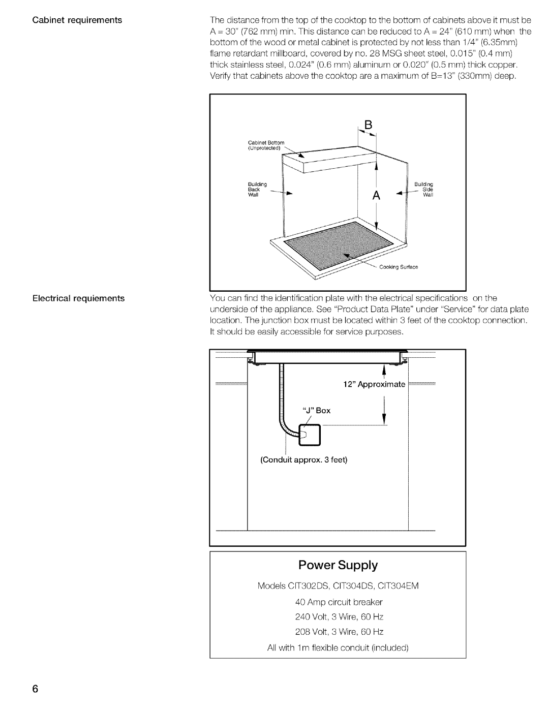 Thermador CIT304DS, CIT304EM installation instructions Power Supply 