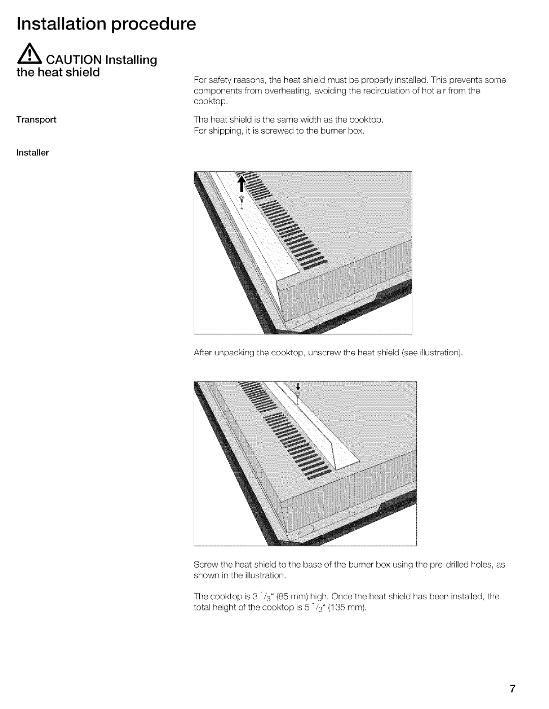 Thermador CIT304EM, CIT304DS installation instructions Installation procedure, Heat Shield 